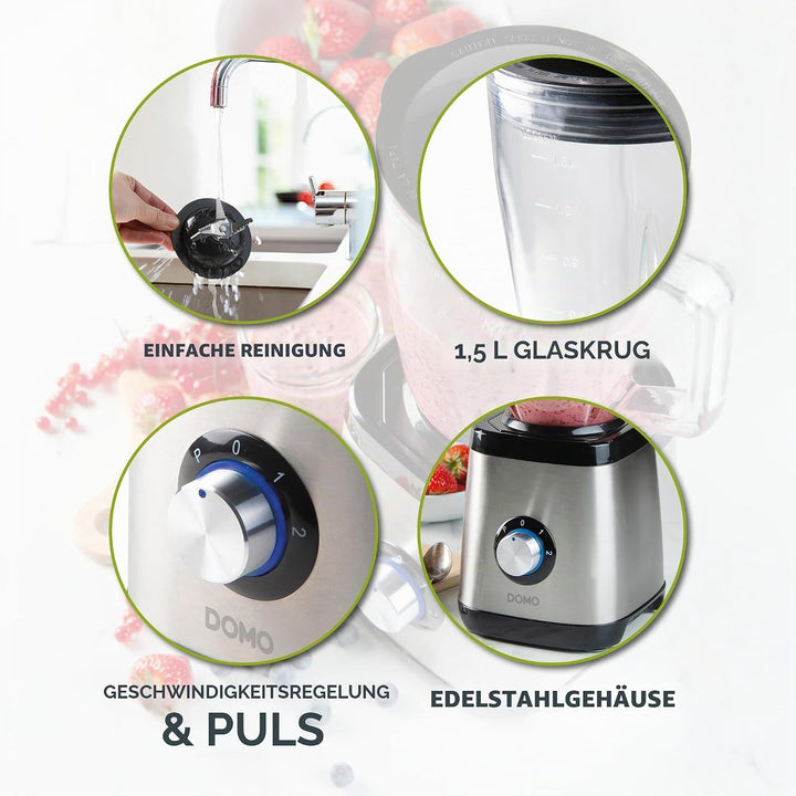 DOMO DO1133BL Standmixer Edelstahl - Geeignet zum Mixen, Blenden, Zerkleinern und Eis crushen - Puls