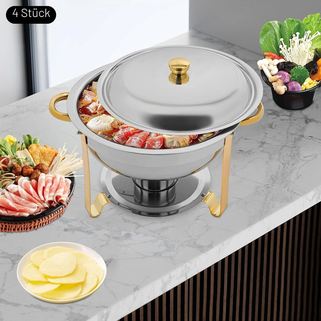 4er Set Rund Chafing Dish Set, Professional Speisenwärmer mit Deckel, 4,5L Edelstahl Buffet Wärmebeh