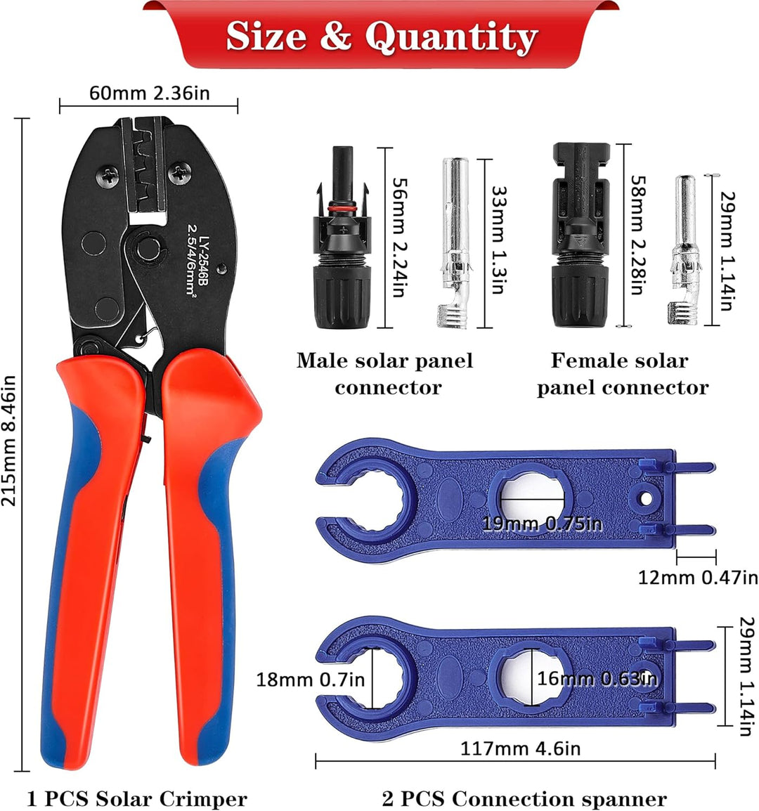Solar Crimpzange Set für 2.5/4/6mm² Solarpanel PV Kabel, 10 Paar Kabelstecker, 10 Paar Männlich/Weib