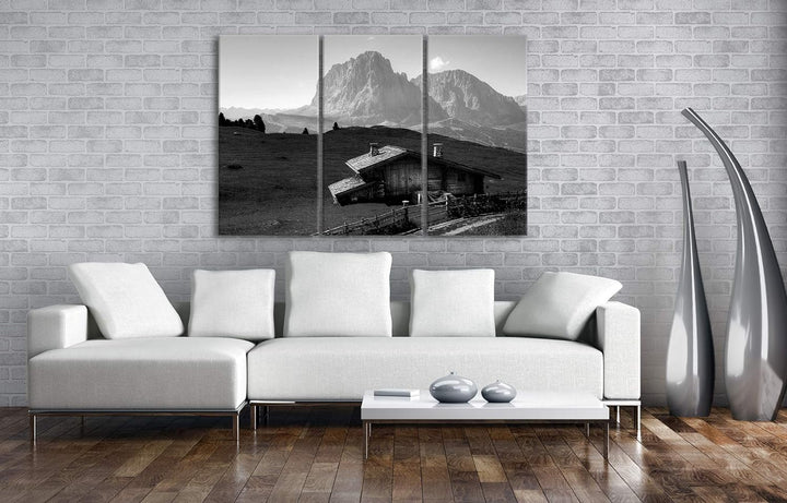 deyoli Holzhütte im Gebirge Format: 3-teilig 120x80 Effekt: Schwarz&Weiss als Leinwandbild, Motiv fe