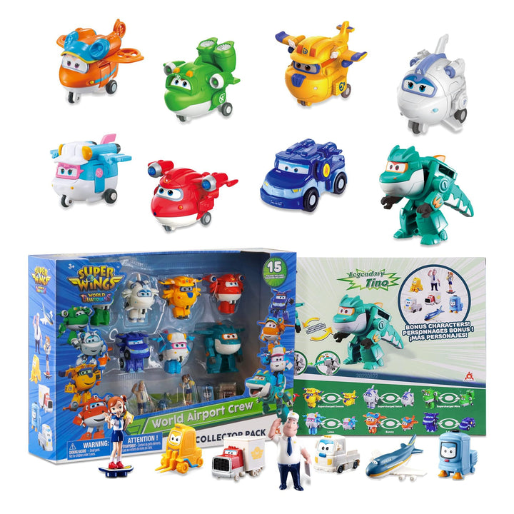 Super Wings World Airport Crew Verwandlungsroboter-Set, 8 Transformationsroboter und 7 PVC-Figuren,