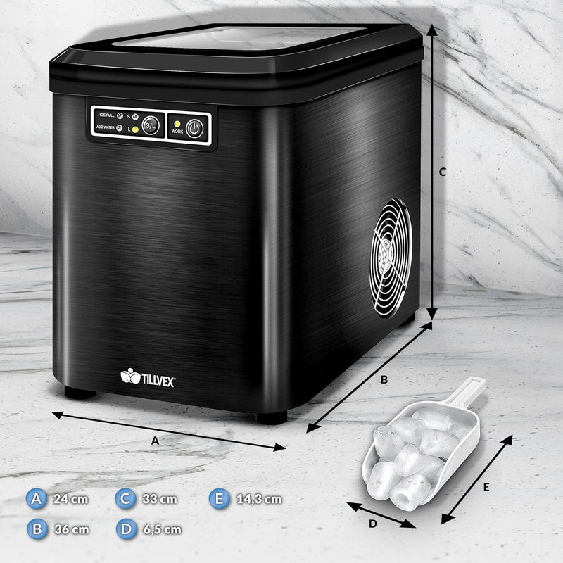 tillvex Eiswürfelmaschine Edelstahl 12 kg - 24 h | Eiswürfelbereiter 2,2 Liter Wassertank | Ice-Make