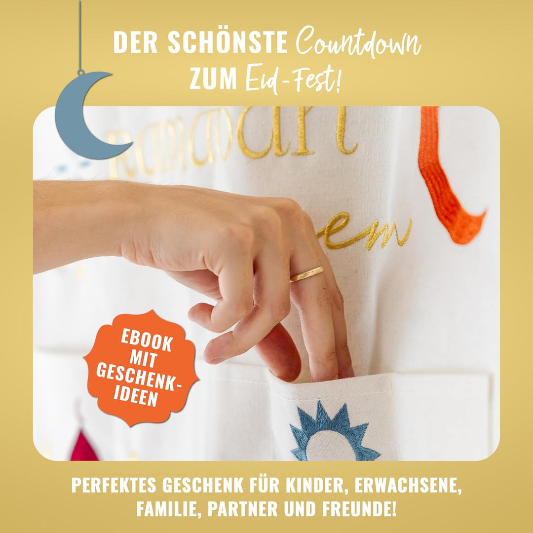 AMARI ® Ramadan Wandkalender aus Stoff mit Befestigungsstange - Ramadankalender zum Befüllen - Ramad