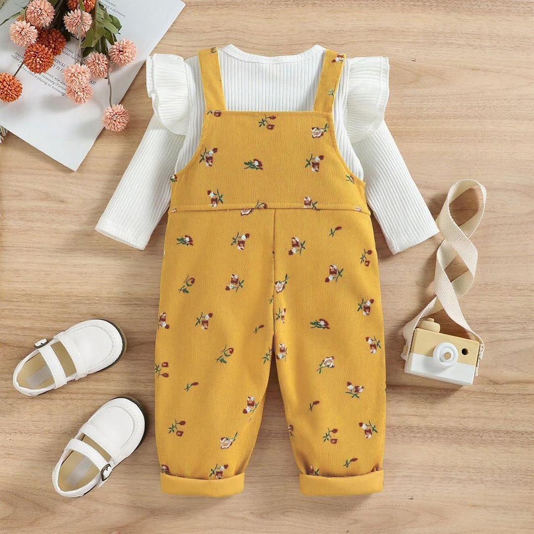 Baby Mädchen Kleidung Rippstrick Langärmelig Oberteile Blumenmuster Hosenträgerhose mit Tasche Outfi