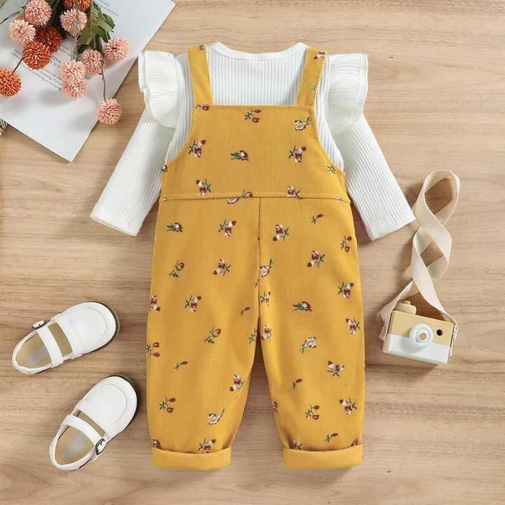 Baby Mädchen Kleidung Rippstrick Langärmelig Oberteile Blumenmuster Hosenträgerhose mit Tasche Outfi