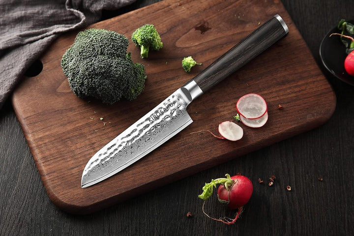Kirosaku Santoku Damastmesser - Damaskus Messer mit echtem Pakkaholzgriff - Profimesser mit Geschenk