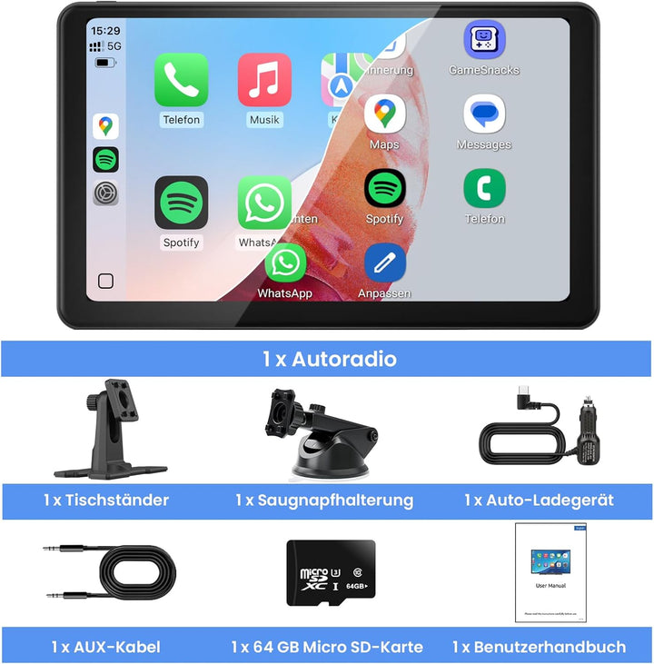 Tragbare CarPlay Display, Wireless Android Auto Monitor, IPS Touchscreen Bildschirm, Bluetooth-Freis