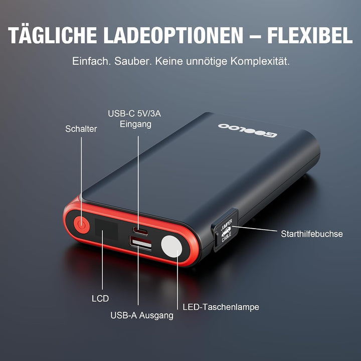 GOOLOO GE2000 2000A Starthilfe Powerbank, Supersafe USB-Schnellladung Schwarz, Schwarz