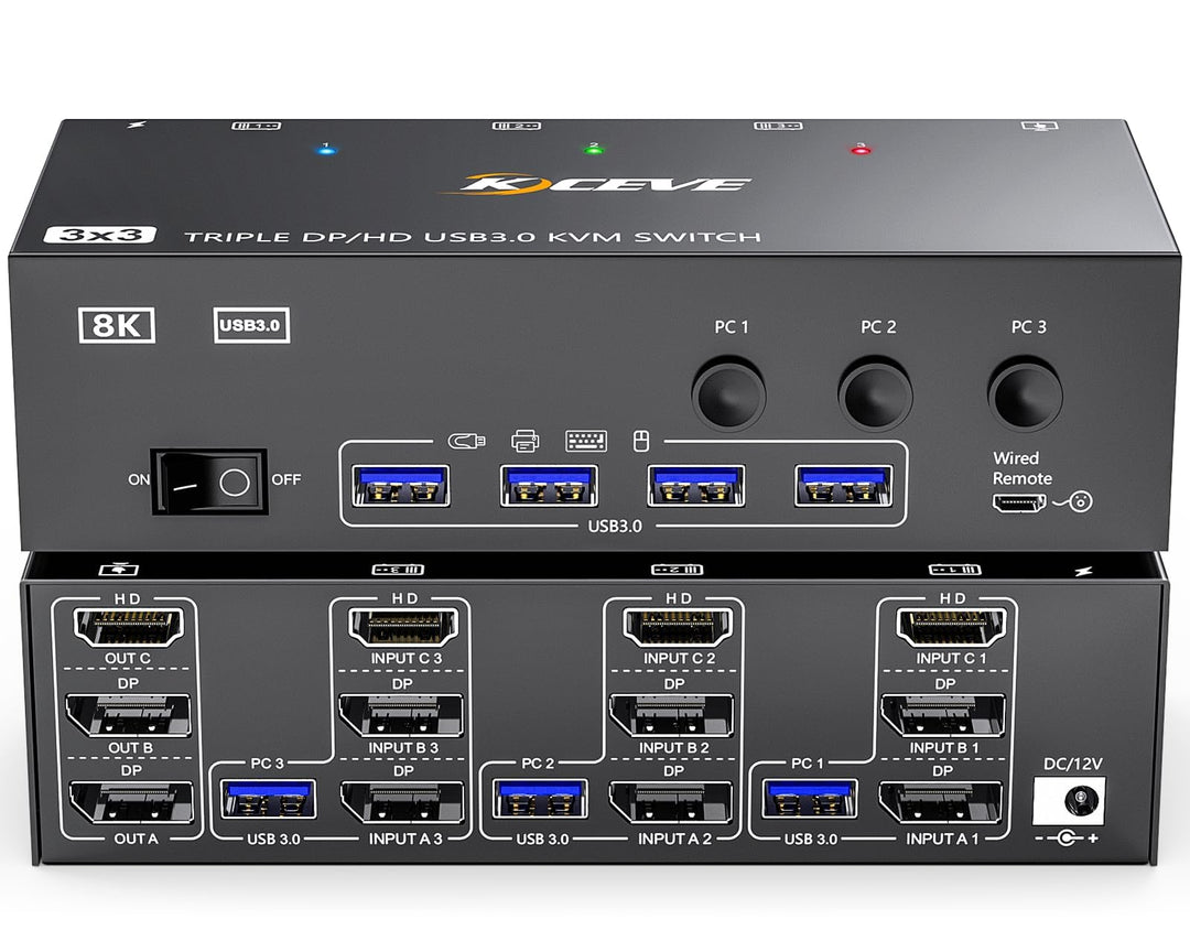 KVM Switch 3 PC 3 Monitore 8K@60Hz 4K@144Hz，MLEEDA HDMI+2 Displayport KVM Switch Triple Monitor für
