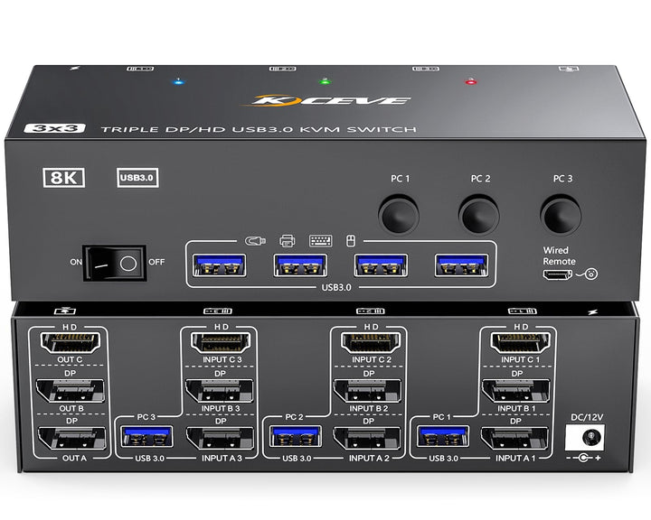 KVM Switch 3 PC 3 Monitore 8K@60Hz 4K@144Hz，MLEEDA HDMI+2 Displayport KVM Switch Triple Monitor für