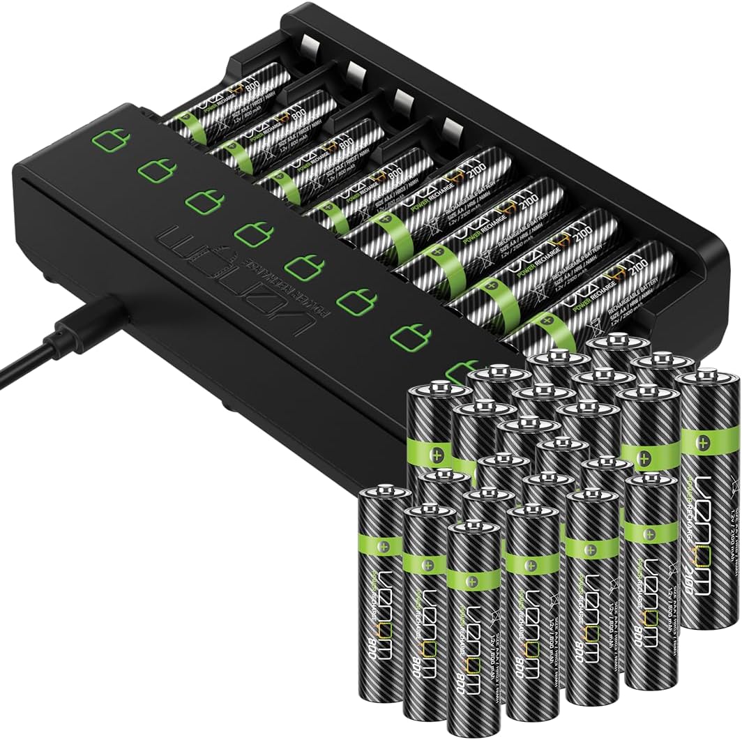 Venom Wiederaufladbare Batterien mit Ladestation – inklusive 16 x AA (1200 mAh) und 16 x AAA (800 mA