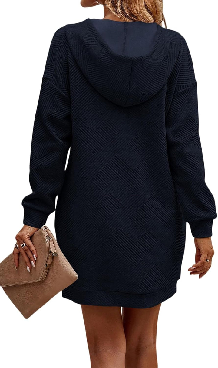 TrendiMax Damen Hoodie Kleid Herbst Übergangs Kapuzenpullover Sweatkleid Textur Knopf Langarm Sweats