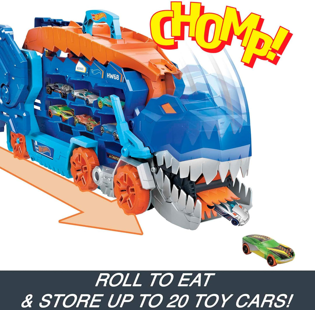 Hot Wheels 2:1 Transporter zu T-Rex mit inkl. Autorennbahn, mit Beleuchtung und Geräuschen & Autoren