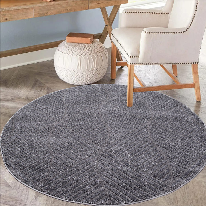payé Teppich Rund Kurzflor - 160x160cm - Grau - Einfarbig Uni Geometrisch Wellen Muster Modern Wohnz