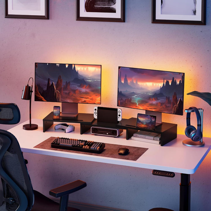 FITUEYES Dual Monitorständer Holz Drehbar Längenverstellbar mit Halteschlitz für Smartphones Tablet