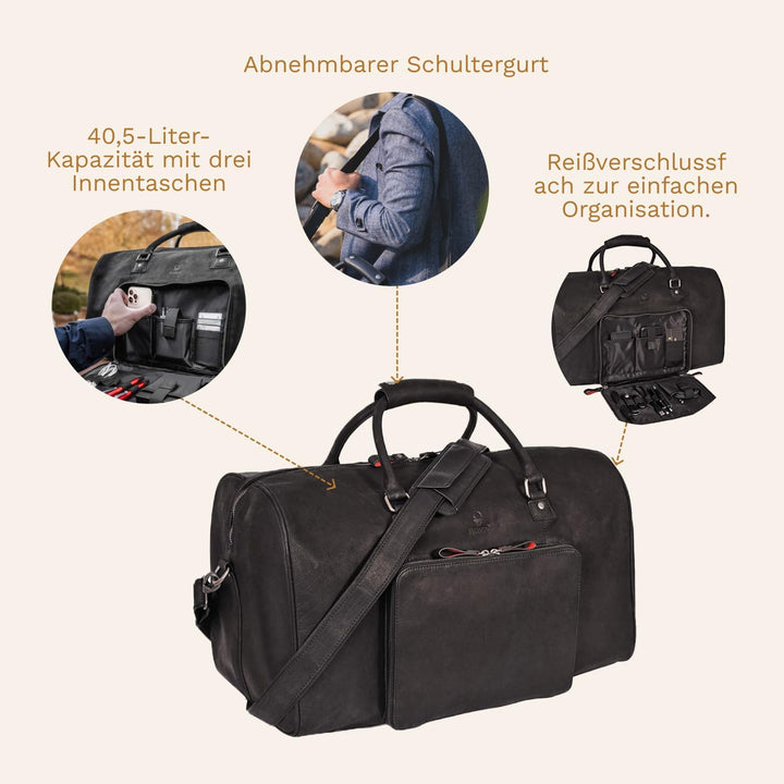 DONBOLSO® Weekender Neapel - Hochwertige Reisetasche Herren gross - Leder Reisetasche Schwarz - Grös