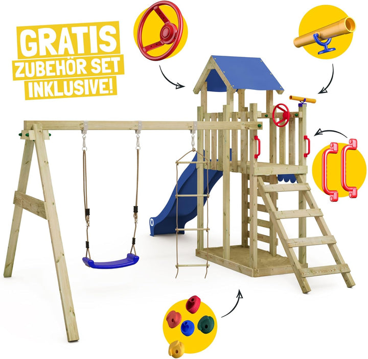 Wickey Spielturm Klettergerüst MultiFlyer Light, Schaukel & grüner Rutsche, Outdoor Kinder Klettertu