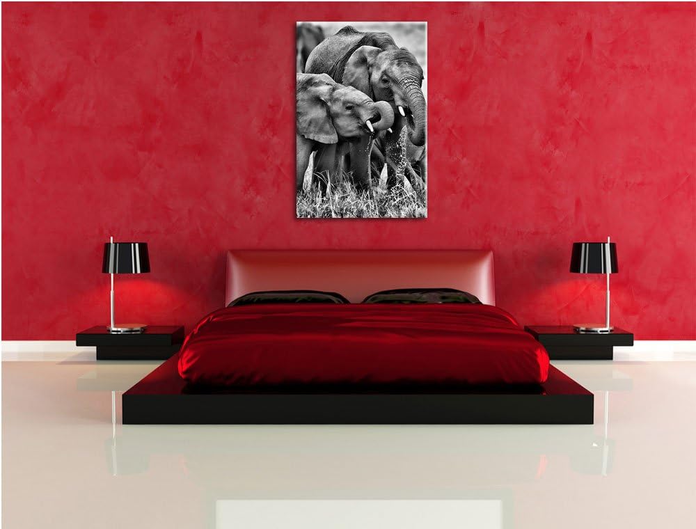 Pixxprint Elefantenhorde am Wasserloch als Leinwandbild | Grösse: 100x70 cm | Wandbild | Kunstdruck