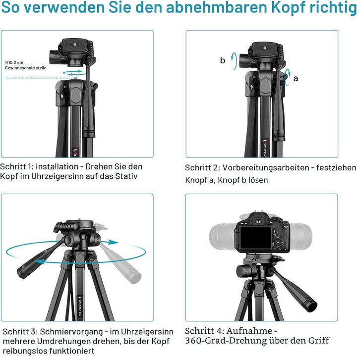 Victiv Neues Kamera Handy Stativ, 172cm Tragbares Camera Tripod, Aluminium Dreibein Stativ mit Abneh