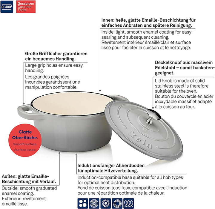 kela Bräter Calido, Ø 21 cm, 2,5 L, Gusseisen, hellgrau, rund, Allherdboden, emailliert, hitzebestän