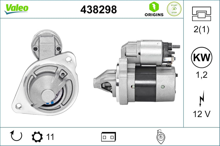 VALEO 438298 Starter Nennleistung: 1,2 kW Stop & Start: YES Zähnezahl: 11 zähne Spannung: 12 V Drehr