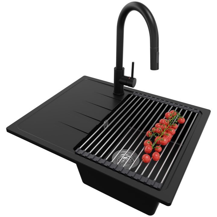 PRIMAGRAN Granitspüle Schwarz 62x50cm, Spülbecken 1 Becken + Küchenarmatur 40x20cm + Zuberhor-Set, K