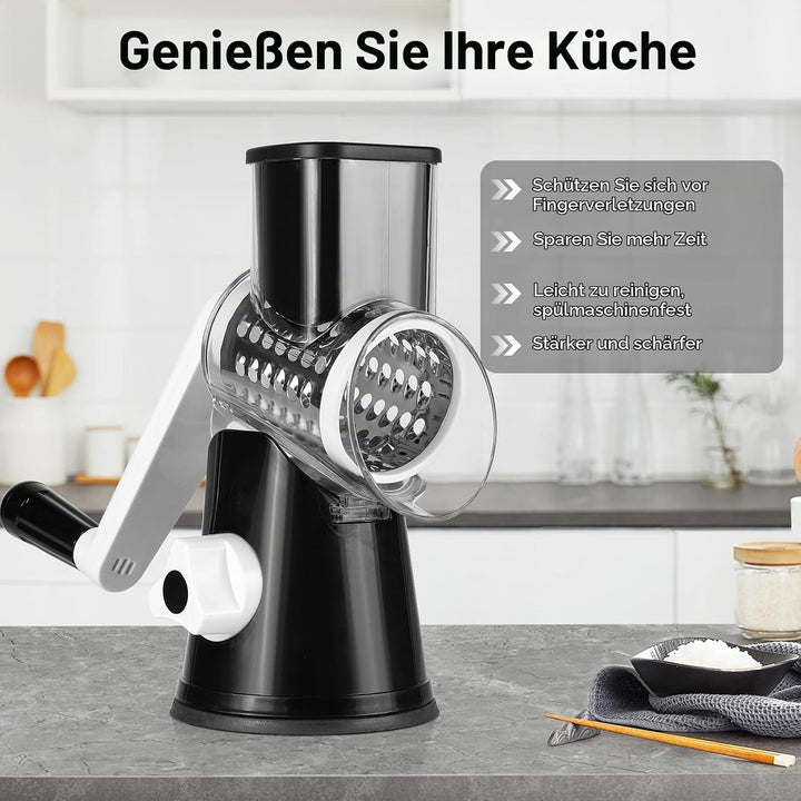 Dreamhigh® Käsereibe mit Kurbel, Gemüseschneider 3 Edelstahl Austauschbaren Trommelklingen, Manuelle