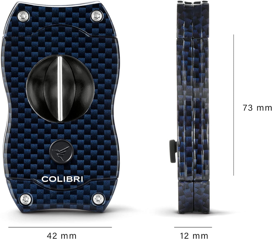 Colibri V-Cut Zigarrenschneider | Blaues Kohlefaserdruck | Federauslöser | Tiefer 7mm V-Schnitt | Bi