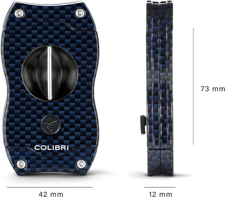 Colibri V-Cut Zigarrenschneider | Blaues Kohlefaserdruck | Federauslöser | Tiefer 7mm V-Schnitt | Bi