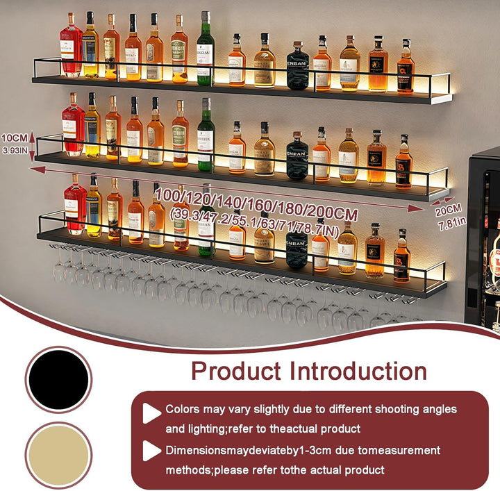 200CM Weinregal Wand mit Glashalter, 3 Ebenen Metallbar Weinpareite Display Rack, Modernes Weinregal