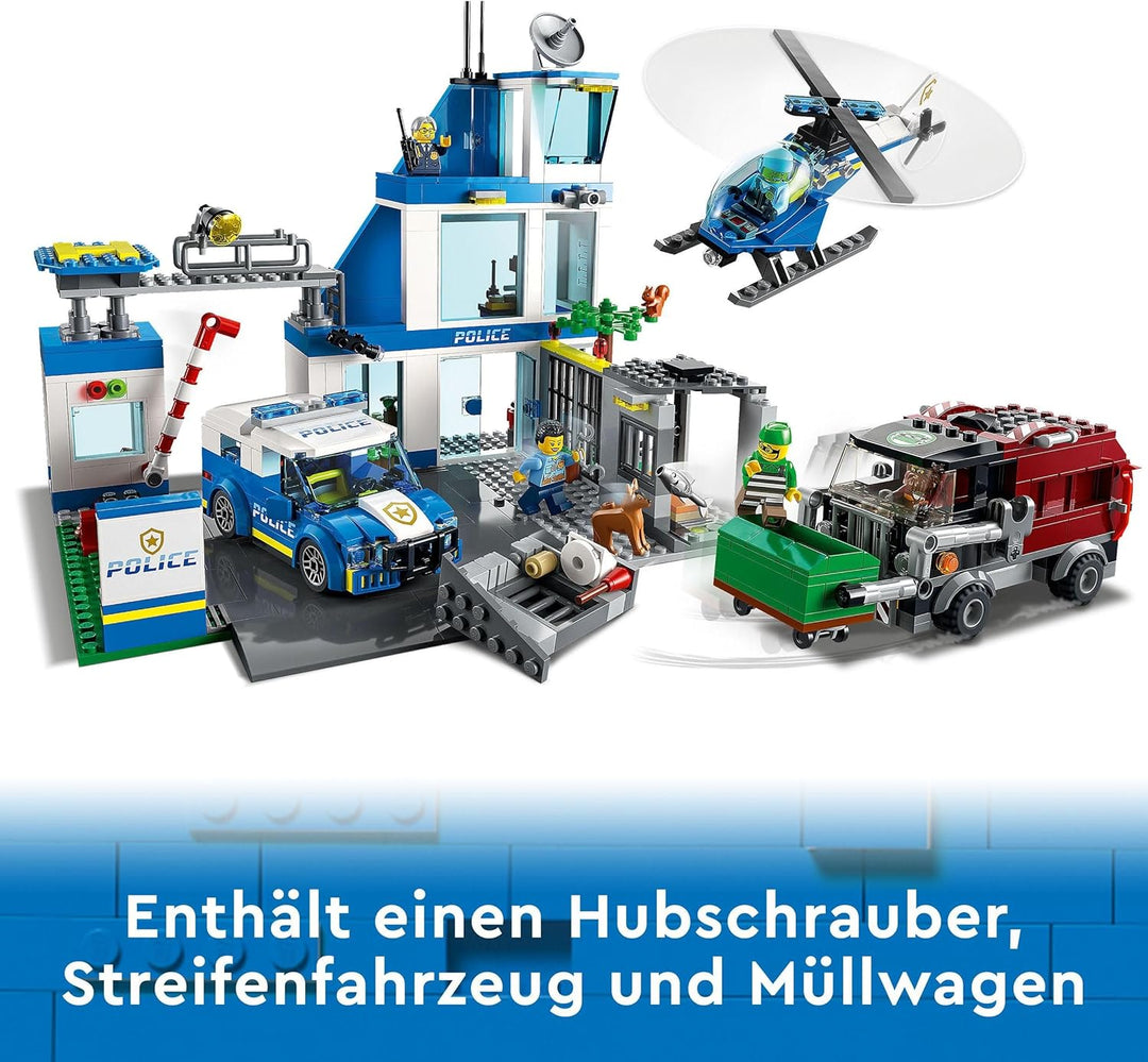 LEGO 60316 City Polizeistation mit Polizeiauto, Müllauto und Hubschrauber, Polizei-Spielzeug für Jun