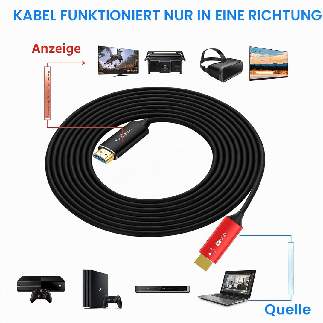 Twozoh 8K Glasfaser HDMI Kabel 30M, Hochgeschwindigkeits HDMI 2.1 Optisches kabel unterstützt 48Gbps