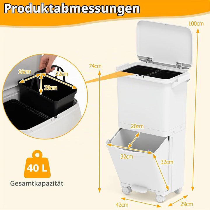 GIANTEX Mülleimer Küche 3 Fächer 36 Liter, Abfalleimer mit Deckel, Tretmülleimer auf Rädern, Abfallb