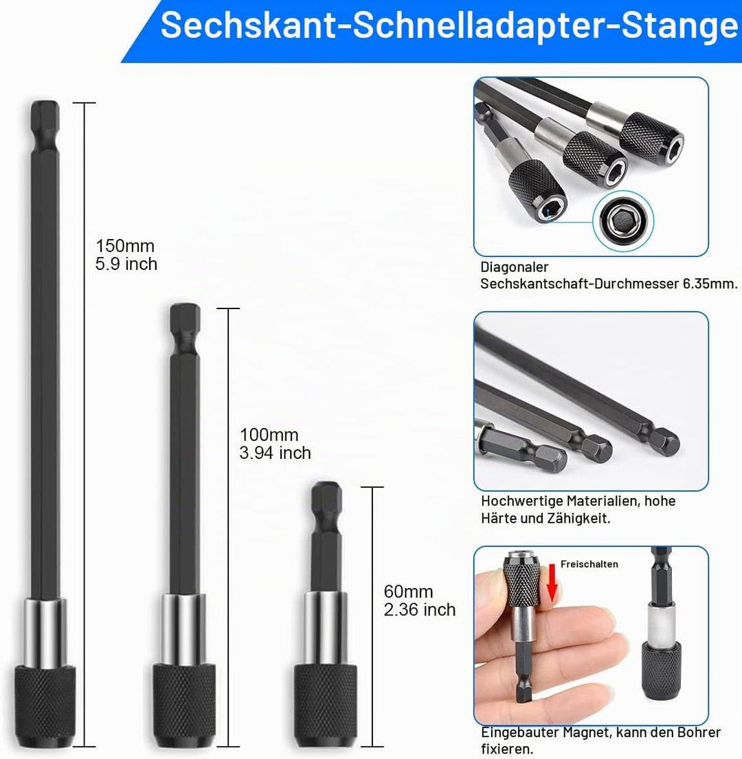 2pcs 105° Winkelaufsatz für Akkuschrauber Adapter, 3pcs 1/4 Sechskantschaft Verlängerungsstange, 1pc