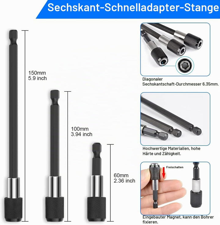 2pcs 105° Winkelaufsatz für Akkuschrauber Adapter, 3pcs 1/4 Sechskantschaft Verlängerungsstange, 1pc
