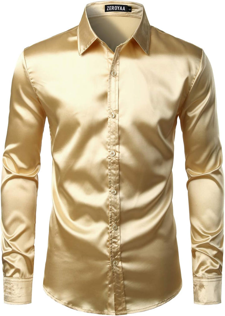 PARKLEES Herren Glänzend Slim Fit Satin Langarmhemd Frezeit Business Hemd für Party Nachtclub XL Cha