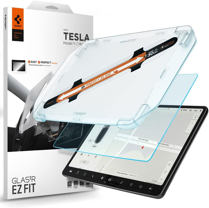 Spigen Glas.tR EZ Fit Schutzfolie kompatibel mit Tesla Model 3 / Y, Schablone für Installation entha