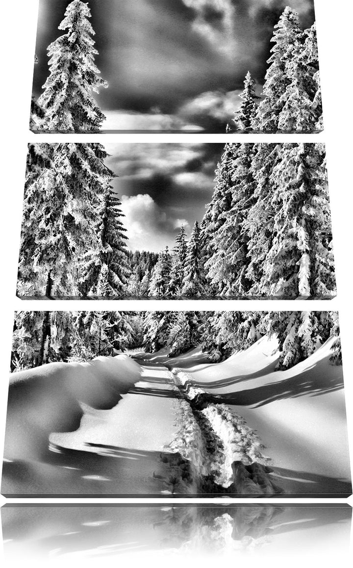 Pixxprint Monocrome, Winterlandschaft Bäume 3-Teiler Leinwandbild 120x80 Bild auf Leinwand