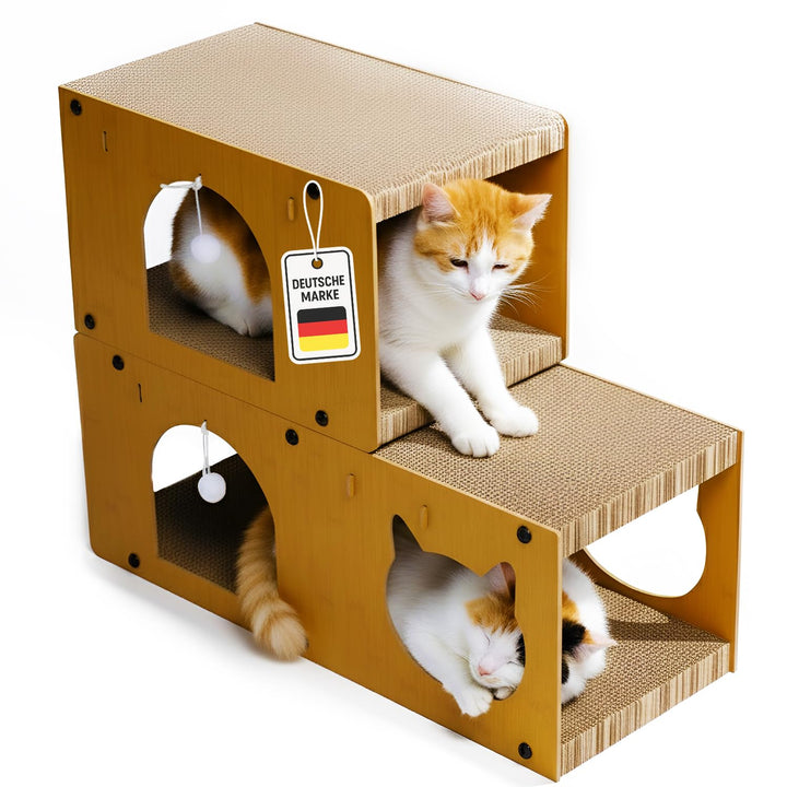 Katzen TV-Möbel, Holzdesign in Gelb, Kratzfläche mit Katzenhöhlen, Modernes Katzenspielzeug für Wohn