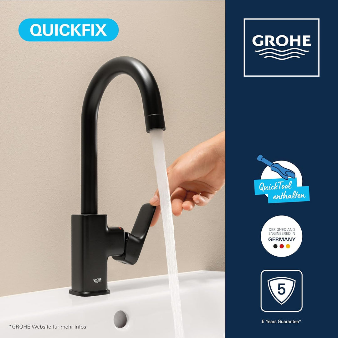 GROHE Dice, Waschtischarmatur hoch, wassersparend (Wasserhahn für das Bad, Badarmatur mit Zugstangen