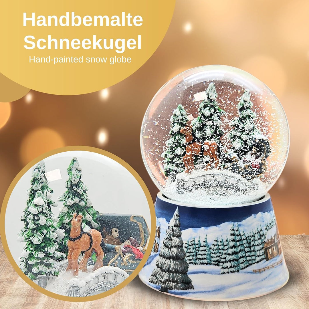 Weihnachts-Schneekugel mit Musik | Nostalgische Kutschfahrt über Brücke | Sockel Winterlandschaft Mi