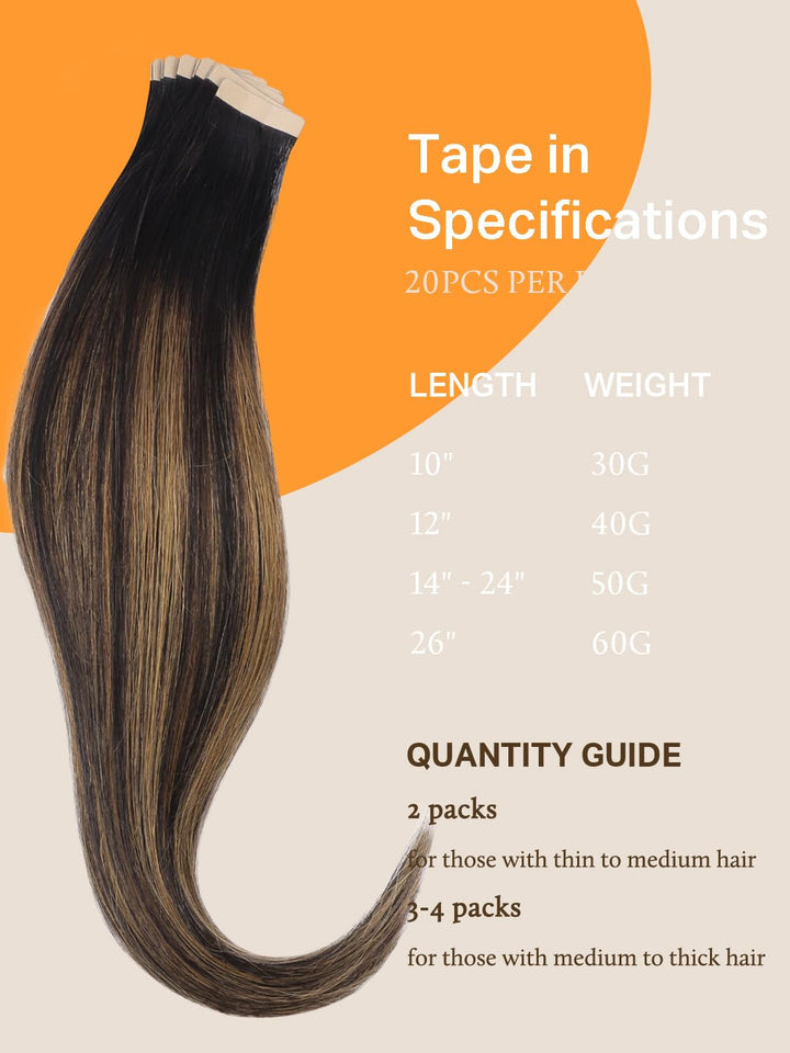 DOORES Tape in Extensions Echthaar, Balayage Natürliches Schwarz bis Hellblond 35cm (14zoll) 50g 20p