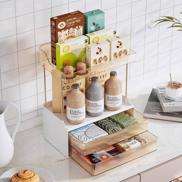 Delamu Make Up Organizer mit 2 Schubladen, 2 Etagen Kosmetik Organizer, Multifunktions Grösser Kosme