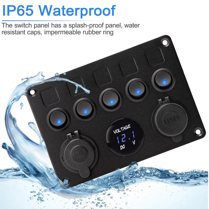 5 Gang Schalter Panel, 12V/24V Kippschalter Panel IP65 Wasserdichte LED Voltmeter Dual USB Buchse La