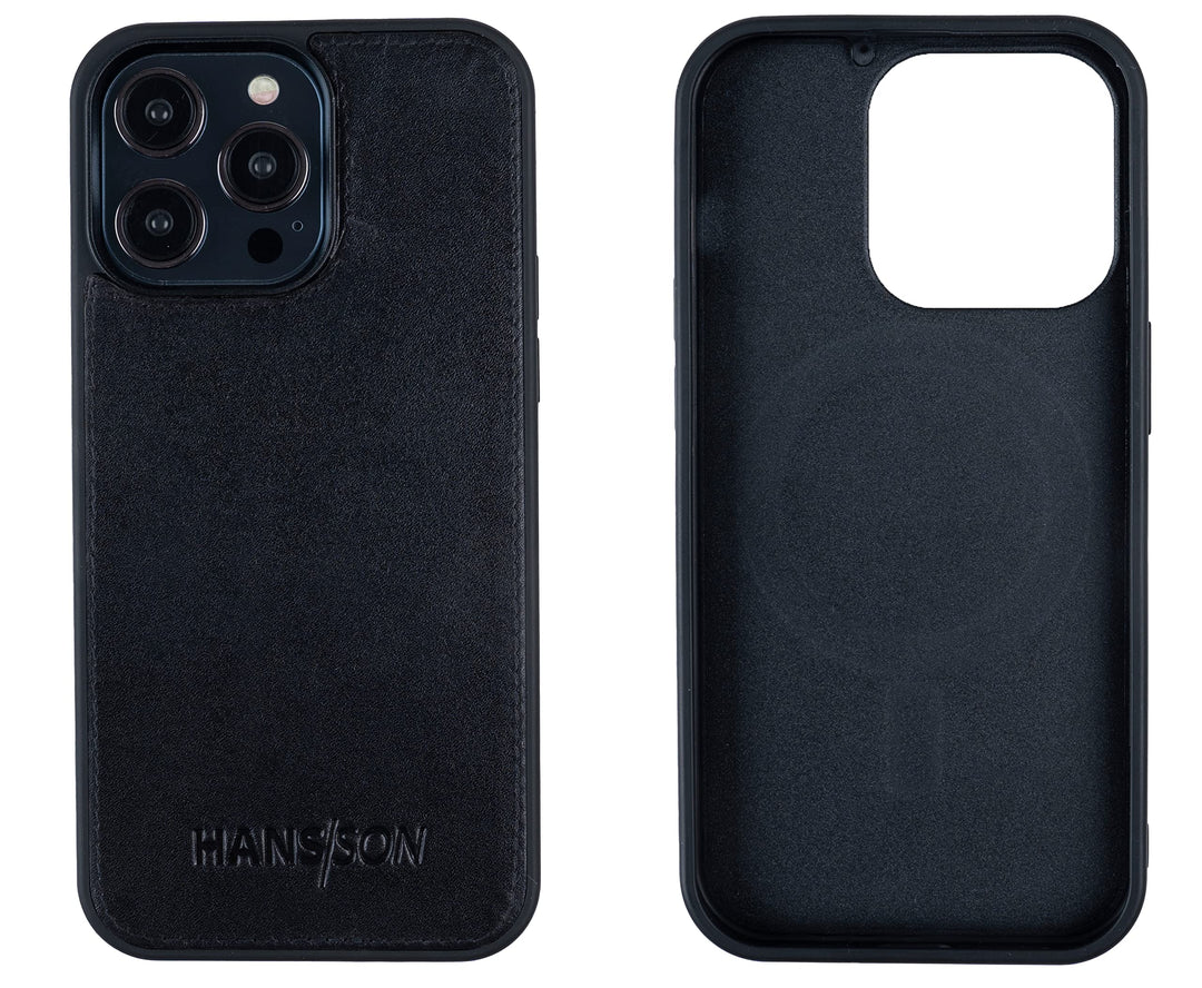 HANS/SON Hülle aus Echtleder | iPhone 14 Pro Max | Schwarzes Ledercase | 6,7 Zoll | Schmal | Stossfe