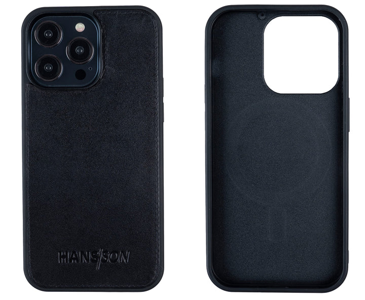 HANS/SON Hülle aus Echtleder | iPhone 14 Pro Max | Schwarzes Ledercase | 6,7 Zoll | Schmal | Stossfe