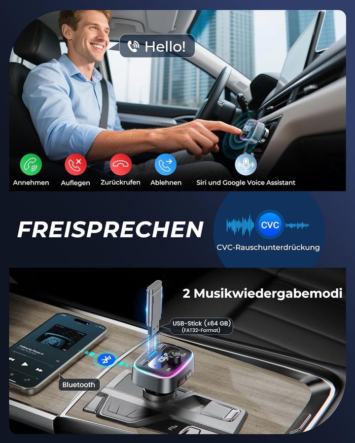LENCENT Bluetooth 5.4 FM Transmitter Auto Bluetooth Adapter, 60 W PD 30 W Dual-USB-C-Schnellladung,
