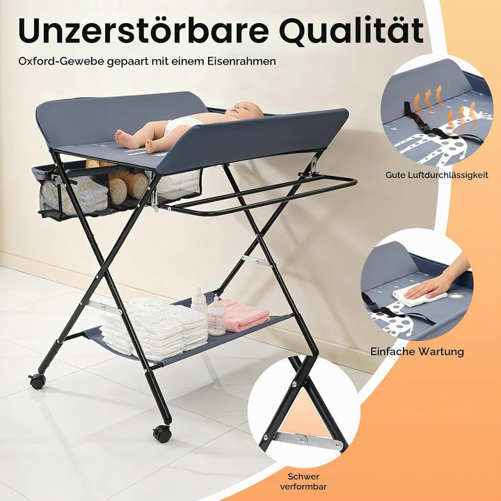 klappbare Wickelkommode Wickeltisch, Baby Wickelkombi, mit Wickelauflage Sicherheitsgurt und Ablagef
