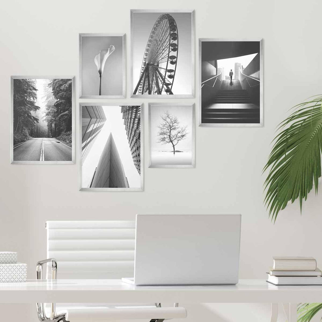 PHOTOLINI silberne Bilderrahmen Set verschiedene Grössen, 6 Bilderrahmen Silber Holz MDF, Bilder Rah