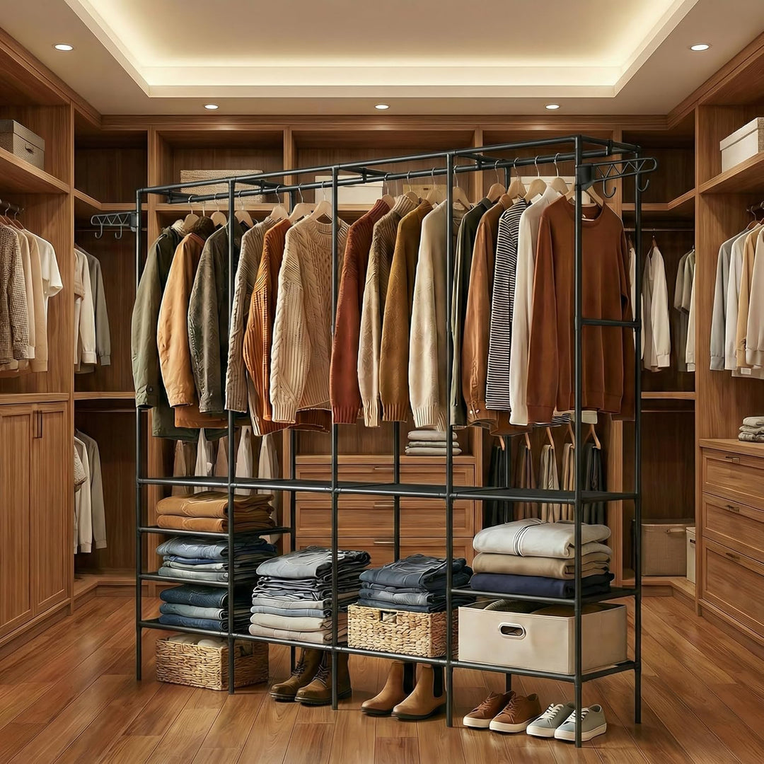 Kleiderständer 4 Ebenen, Offener Kleiderschrank mit Kleiderstange und Ablagen, Freistehender Kleider